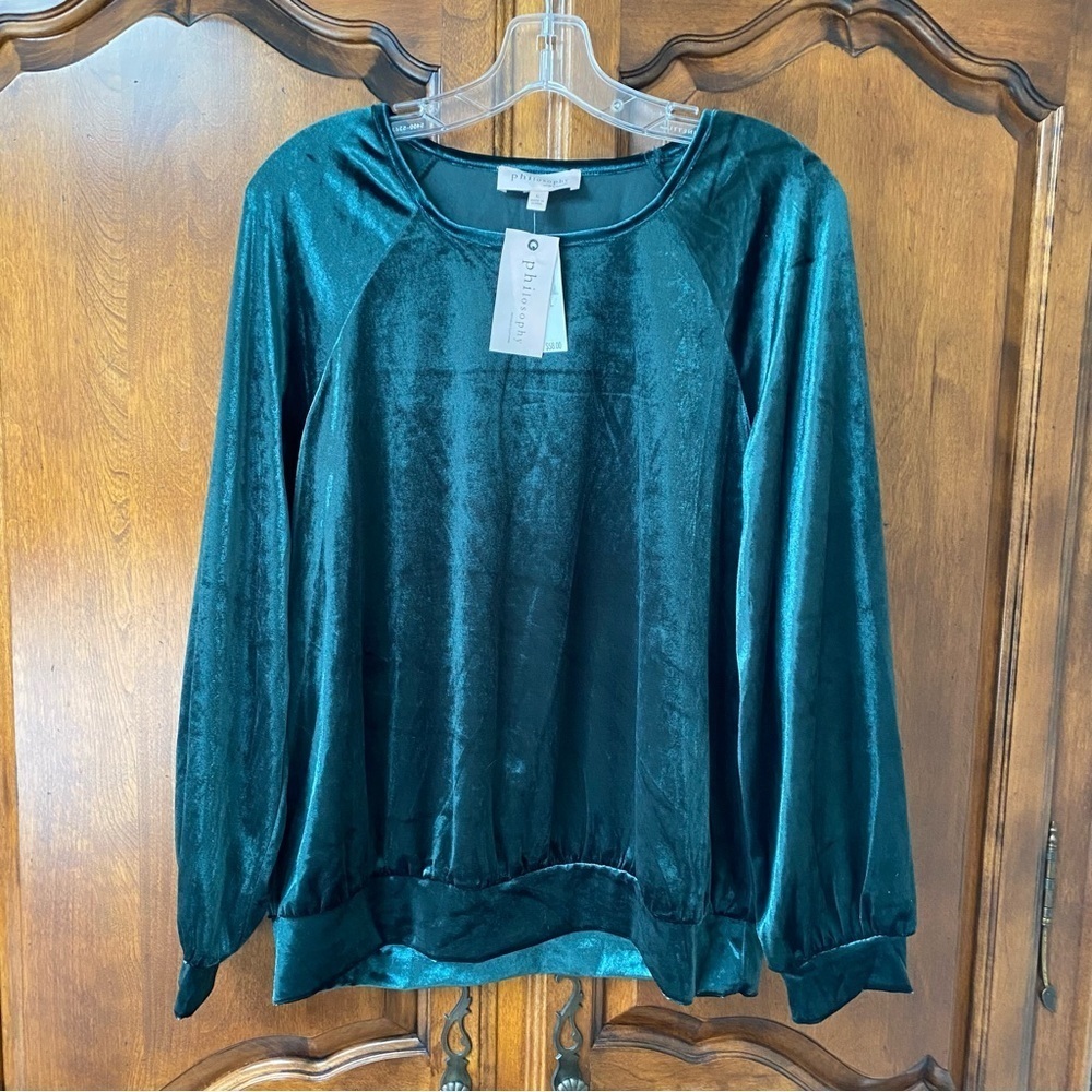 NWT Philosophy velour velvet long sleeve blouse emerald green Sz L